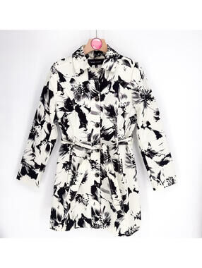 Black Rivet Floral‎ Belted Coat Jacket Lined Cream Black Women's XS